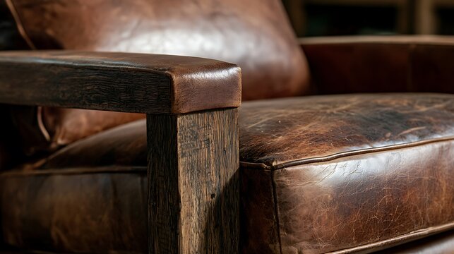 Vintage distressed brown leather armchair with wooden armrest.