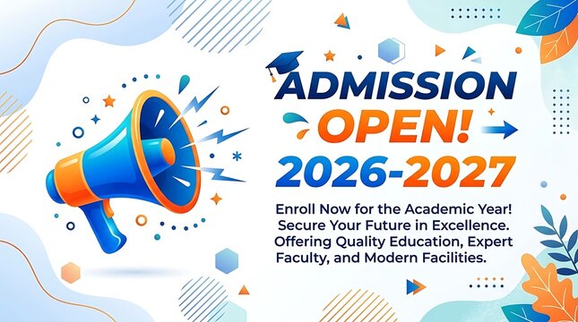 Admission open 2026 2027 banner with megaphone and academic graphics