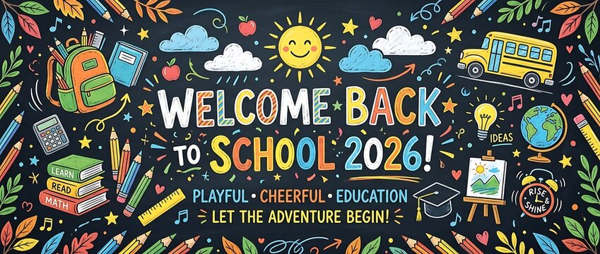 Welcome back to school 2026 chalkboard banner with colorful school doodles