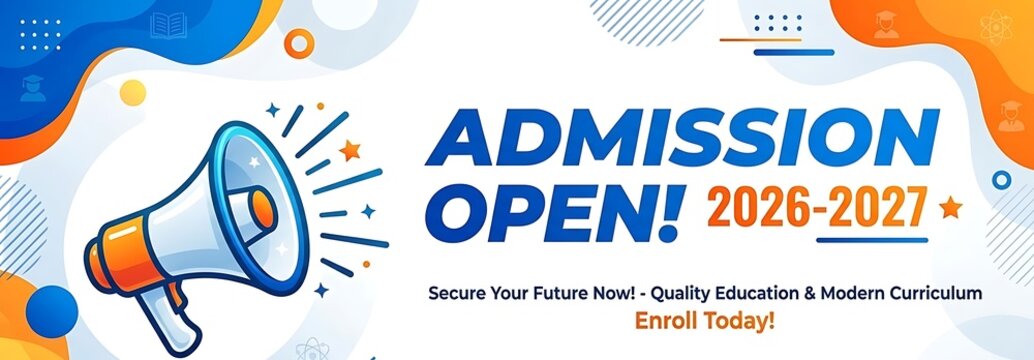 Admission open 2026 2027 school advertisement banner with megaphone, back to school