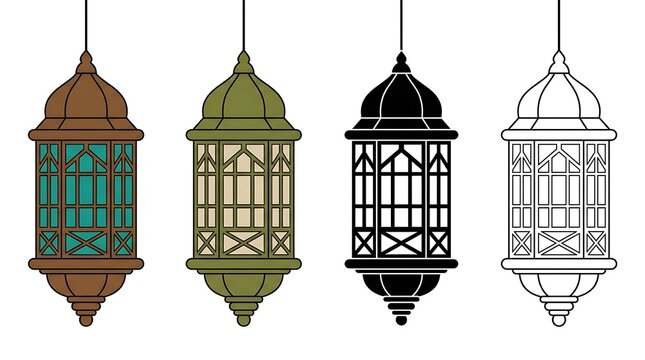 Set of four hanging lantern illustrations for ramadan kareem and islamic festivals design elements