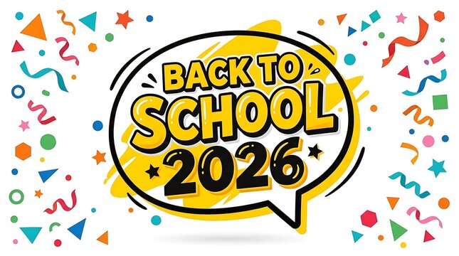 Back to school 2026 bold text in yellow speech bubble with confetti border