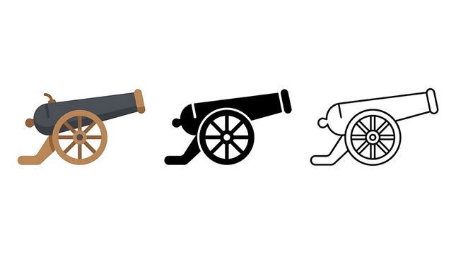 Set of three historical cannon icons in flat silhouette and outline style