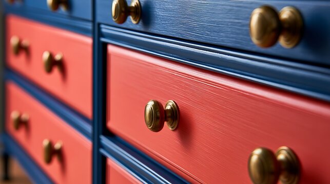 Close up of a vibrant coral and navy blue painted wooden dresser.