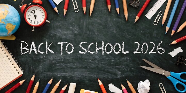 Back to school 2026 text on chalkboard with school supplies and globe