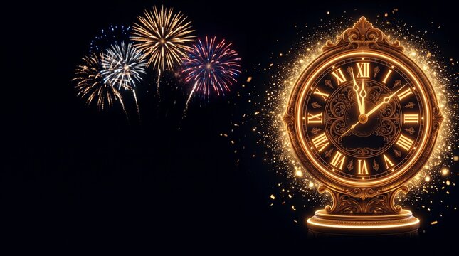 New Year Countdown Vintage Clock with Fireworks and Gold Sparkles on Black Background