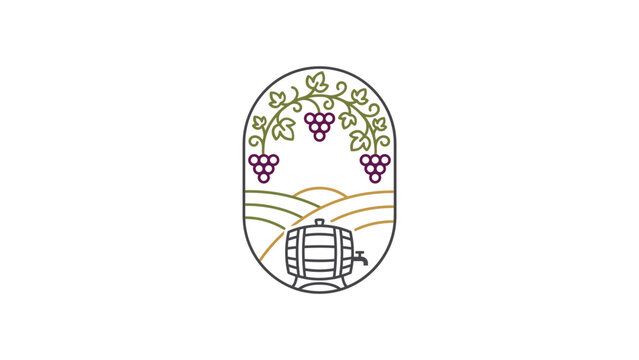 Oval vineyard and wine barrel logo.