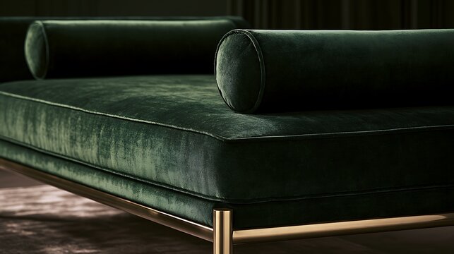 Luxurious dark green velvet daybed with gold metal frame.