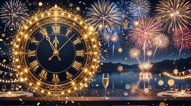 New Year Eve Countdown Clock with Fireworks over Water and Champagne Glass