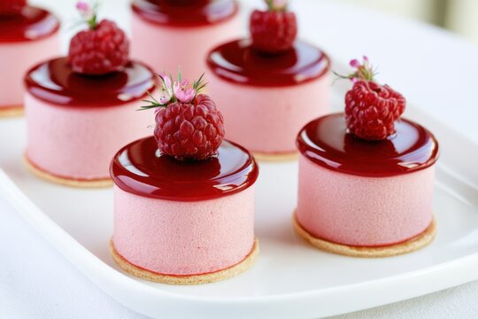 Elegant raspberry mousse cakes with glossy red glaze and fresh raspberries on a white serving plate, perfect for dessert displays or special occasions