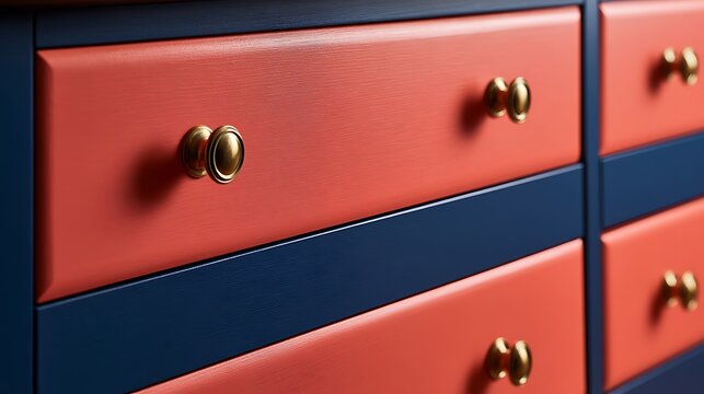 Close up of a colorful dresser with coral orange drawers and dark blue frame.