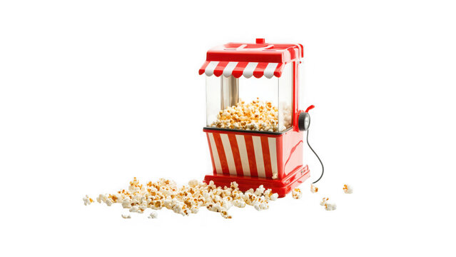 Popcorn maker machine stands filled with freshly popped snack kernels on a clean transparent background.