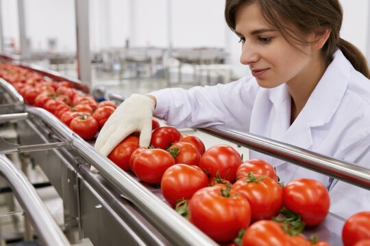 Food processing worker inspecting fresh red tomatoes on a stainless steel conveyor line in a modern facility with organized workspace and clear visibility