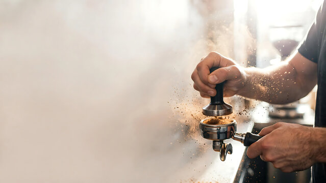 Barista tamping fresh coffee grounds into an espresso machine portafilter, creating a cloud of aromatic coffee dust