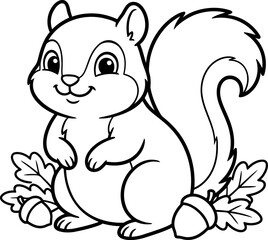Fototapeta premium Cute baby squirrel coloring page with acorns and oak leaves for kids vector