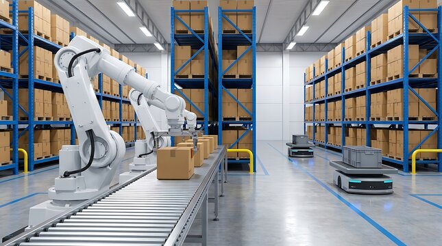 Automated warehouse with multiple robotic arms and autonomous mobile robots sorting cardboard boxes on conveyor belts and shelves for efficient logistics.