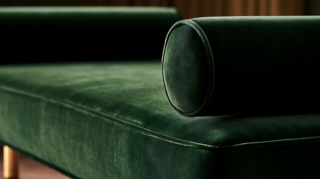 Close up of a luxury green velvet daybed or chaise lounge with cylindrical bolster cushion.