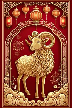 Festive Lunar New Year 2027 greeting card featuring a golden Fire Sheep beneath an ornate red arch with hanging lanterns and stylized clouds, framed by fireworks and plum blossoms