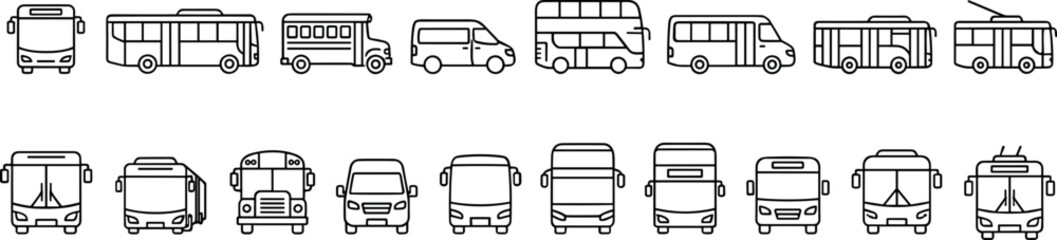 Public transport bus vehicle types vector line icons set featuring city buses school buses vans and double decker coaches © Snowar