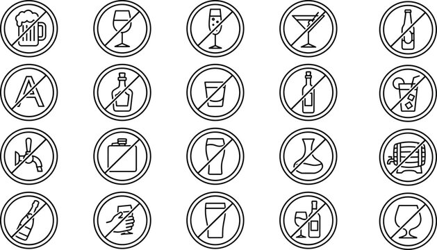 No alcohol forbidden sign line vector icons set including no beer wine liquor drinks and prohibition symbols for public spaces