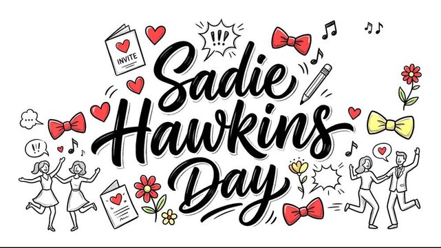 Sadie Hawkins Day lettering banner with hand drawn dance party invitation card and bow tie doodles
