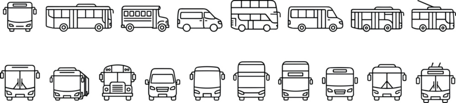 Public transport bus vehicle types vector line icons set featuring city buses school buses vans and double decker coaches