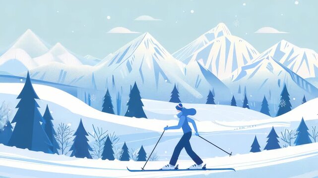 Illustration of a person cross-country skiing. Snow covered hills and snowy mountains with pine trees in the background. Light blue sky with falling snow creating a winter wonderland.