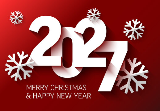 Happy New Year 2027 Greeting Card Template with Snowflakes on Red Background