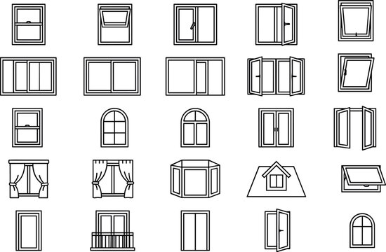 Window types frames architecture styles and curtains line vector icons set including awning casement sliding bay and dormer windowsnt sliding bay and dormer windows