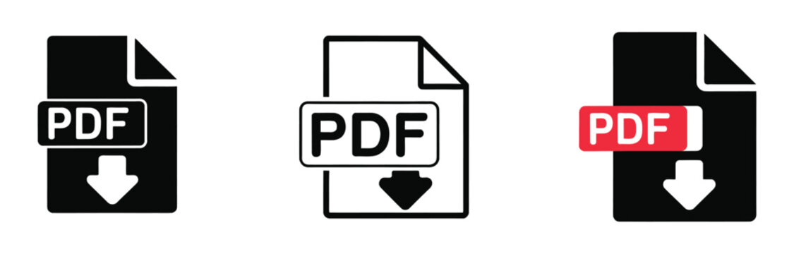 PDF file download icon set, document symbols and file format indicators designed for web interfaces, digital downloads, document management, and online applications.