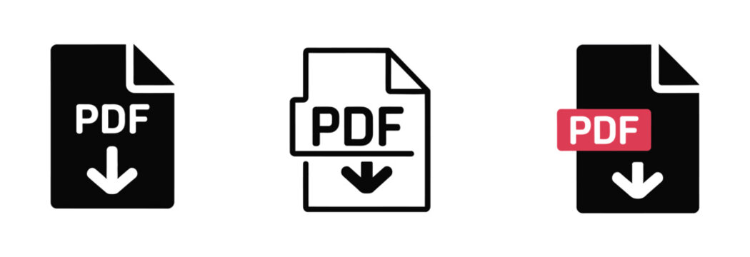 PDF file download icon set, document symbols and file format indicators designed for web interfaces, digital downloads, document management, and online applications.