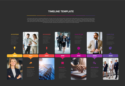 Modern Business Timeline Infographic Template for Company History with Photo Placeholders