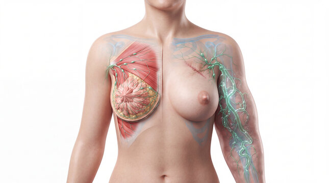 Lymphedema medical illustration showing breast anatomy, post mastectomy surgical scar, and swollen arm with lymphatic vessels, rendered in realistic 3d for oncology education