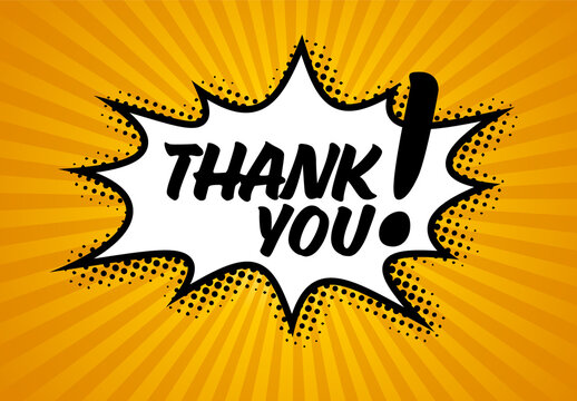 Comic Pop Art Thank You Speech Bubble on Yellow Sunburst Background
