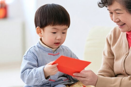 Chinese toddler receiving a red envelope from grandmother during Lunar New Year celebration, both seated in a cozy indoor setting with soft lighting