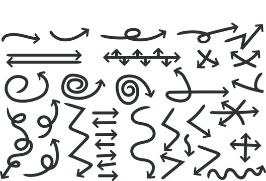 Doodle Arrows Collection with Spiral Swirl Zigzag and Parallel Lines Vector Set