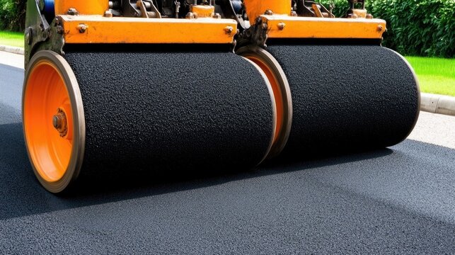 Asphalt roller and heavy machinery meticulously paving a new road under clear sunny skies in a vibrant construction site