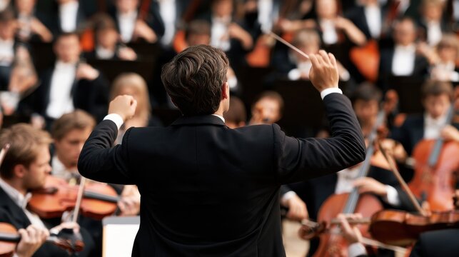 Conductor leading a symphony orchestra in a modern concert hall, musicians in formal attire playing violins and cellos, layered rows of performers in the background