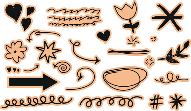 Hand Drawn Aesthetic Doodle Elements Vector Icon Pack Set for Sticker Design