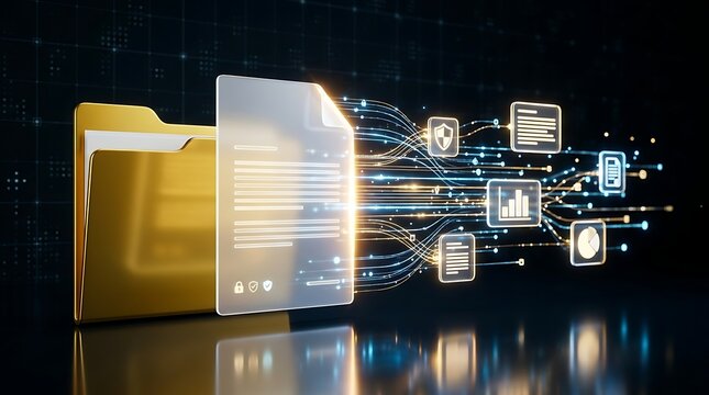 Golden folder with translucent document pages emanating digital data streams with icons for security analytics and information transfer for concept of data management.