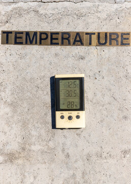 Digital thermometer and humidity meter mounted on a concrete wall below metal letters spelling temperature.