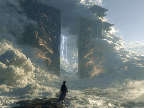 Lone robed figure stands on jagged rocks, facing towering stone gates crackling with lightning above stormy sea and billowing clouds.