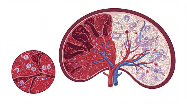 Spleen anatomy cross section diagram detailing internal pulp structure, splenic vessels, and microscopic inset showing erythrocytes and leukocytes for medical education study