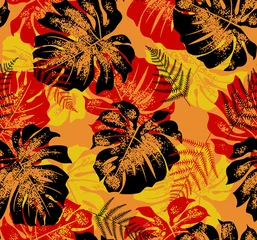 Vibrant tropical leaf pattern with red, orange, and black hues © Wolfworker