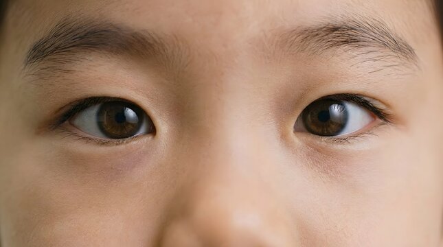 Close up of asian child eyes showing slight strabismus with right eye turning inward.