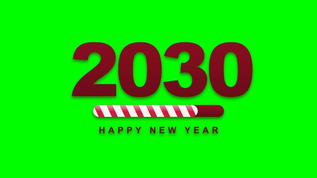 Flat vector new year composition like the reference on solid chroma green background: huge bold overlapping digits 2030 in DEEP DARK RED with a vertical depth gradient (brighter crimson top to deep ma