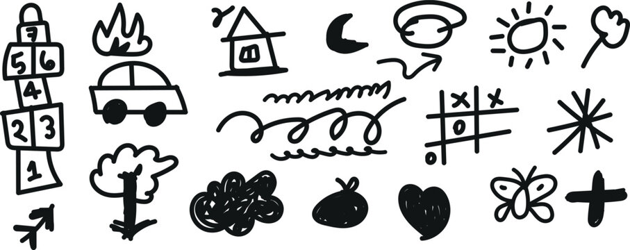 Kids Hand Drawn Doodle Elements Vector Icon Pack Set for Children Design