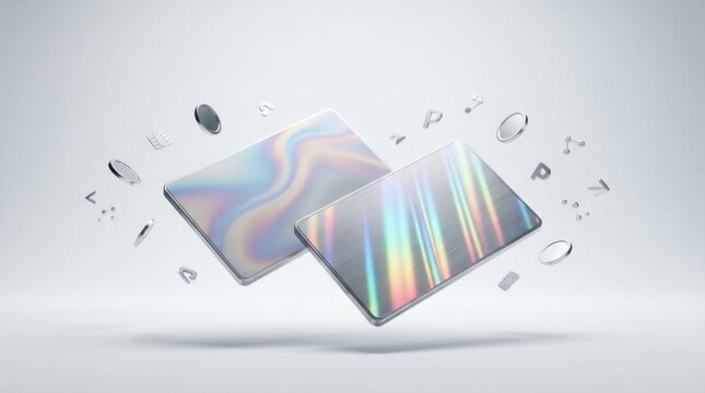 Two futuristic digital tablets floating with glowing abstract icons