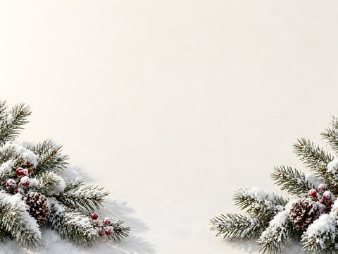 Snow covered pine tree branches with pinecones forming a festive border on a transparent background