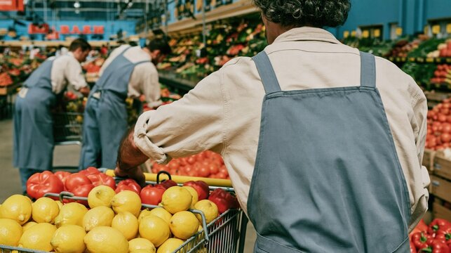Supermarket assistant in a grey apron restocking a bright produce aisle, natural workplace scene with copy space for branding mockup